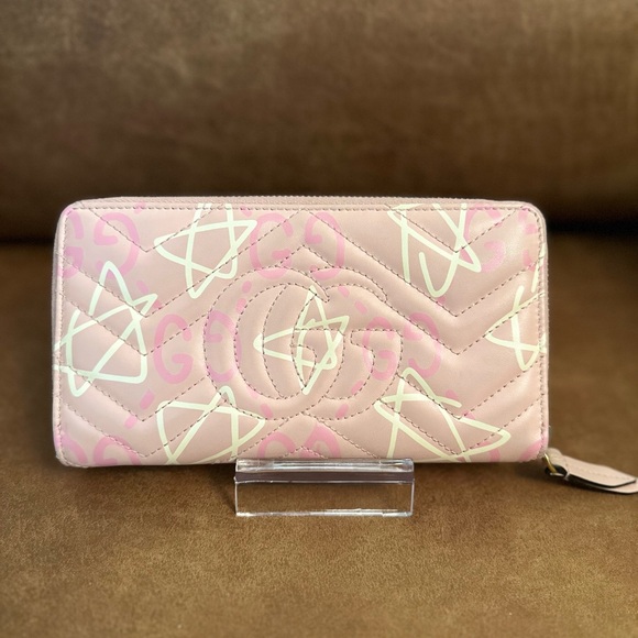 Calfskin Matelasse GucciGhost GG Marmont Zip Around Wallet Pink Rosa Ivory - Picture 3 of 12